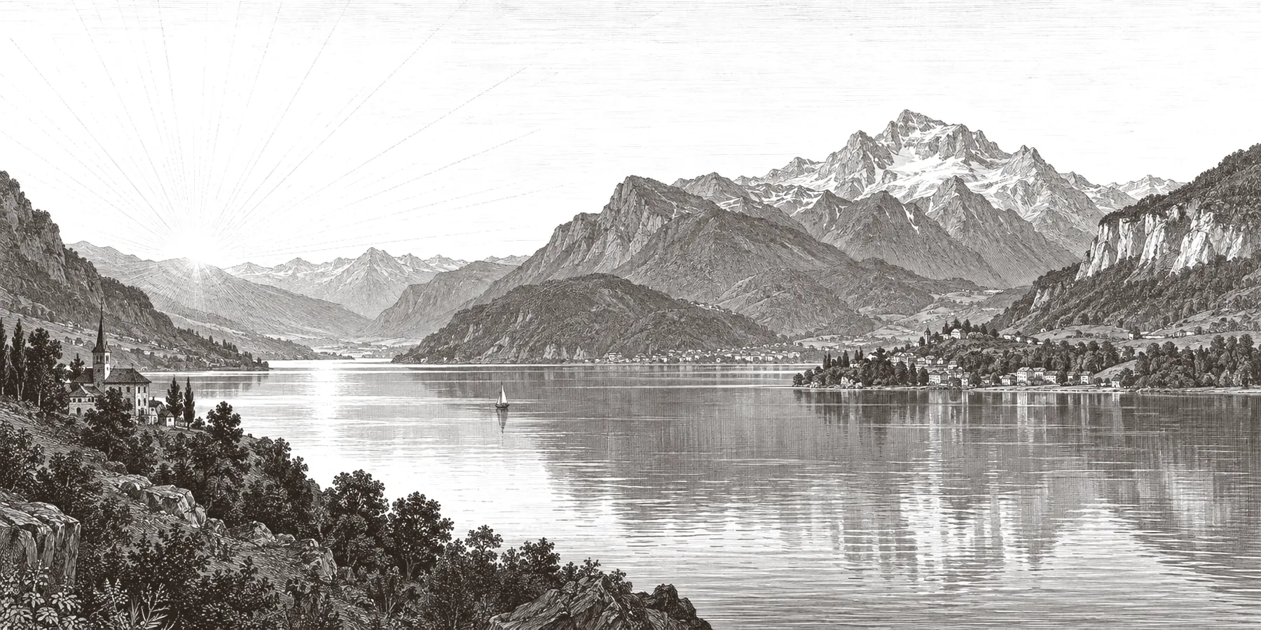 Gravure : le lac d'Annecy et les montagnes
